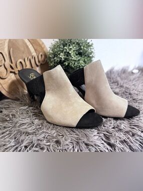 Franco Sarto Beige Suede Open-Toe Mule with Black Elastic